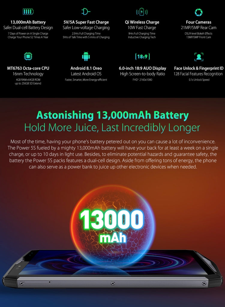 [HK Warehouse] Ulefone Power 5S, Dual 4G, 4GB+64GB, Dual Back Cameras + Dual Front Cameras, Face ID & Fingerprint Identification, 13000mAh Battery, 6.0 inch Android 8.1 MKT6763 Octa-core 64-bit up to 2.0GHz, Network: 4G,  Wireless Charge, OTG(Dark Gray)