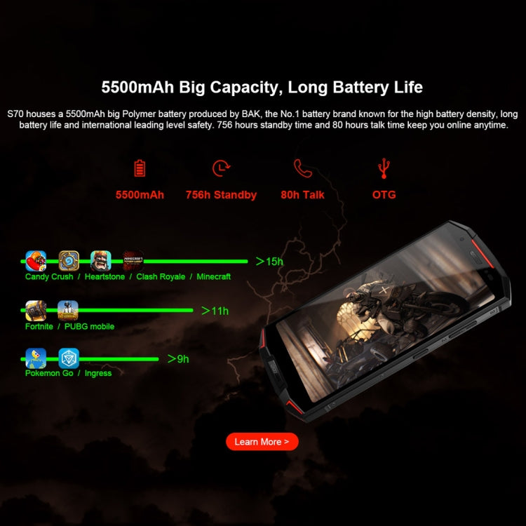 [HK Warehouse] DOOGEE S70 Rugged Phone, 6GB+64GB, IP68/IP69K Waterproof Dustproof Shockproof, MIL-STD-810G, 5500mAh Battery, Dual Back Cameras, Fingerprint Identification, 5.99 inch Android 8.1 MTK Helio P23 Octa Core up to 2.5GHz, Network: 4G