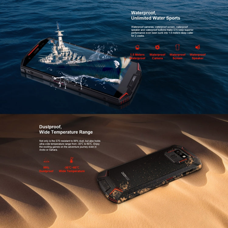 [HK Warehouse] DOOGEE S70 Rugged Phone, 6GB+64GB, IP68/IP69K Waterproof Dustproof Shockproof, MIL-STD-810G, 5500mAh Battery, Dual Back Cameras, Fingerprint Identification, 5.99 inch Android 8.1 MTK Helio P23 Octa Core up to 2.5GHz, Network: 4G