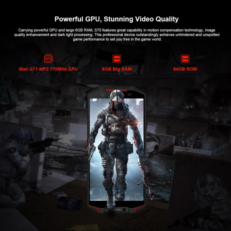 [HK Warehouse] DOOGEE S70 Rugged Phone, 6GB+64GB, IP68/IP69K Waterproof Dustproof Shockproof, MIL-STD-810G, 5500mAh Battery, Dual Back Cameras, Fingerprint Identification, 5.99 inch Android 8.1 MTK Helio P23 Octa Core up to 2.5GHz, Network: 4G
