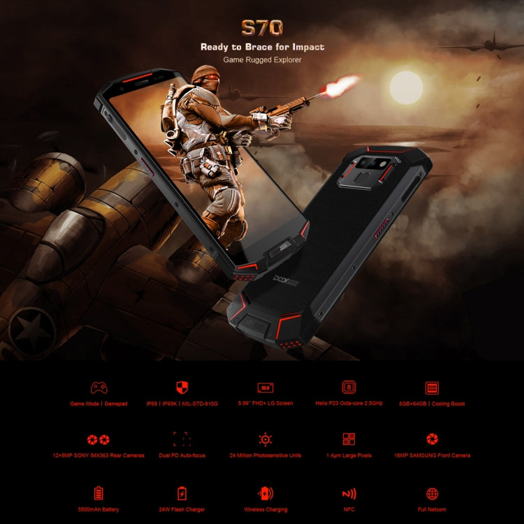 [HK Warehouse] DOOGEE S70 Rugged Phone, 6GB+64GB, IP68/IP69K Waterproof Dustproof Shockproof, MIL-STD-810G, 5500mAh Battery, Dual Back Cameras, Fingerprint Identification, 5.99 inch Android 8.1 MTK Helio P23 Octa Core up to 2.5GHz, Network: 4G