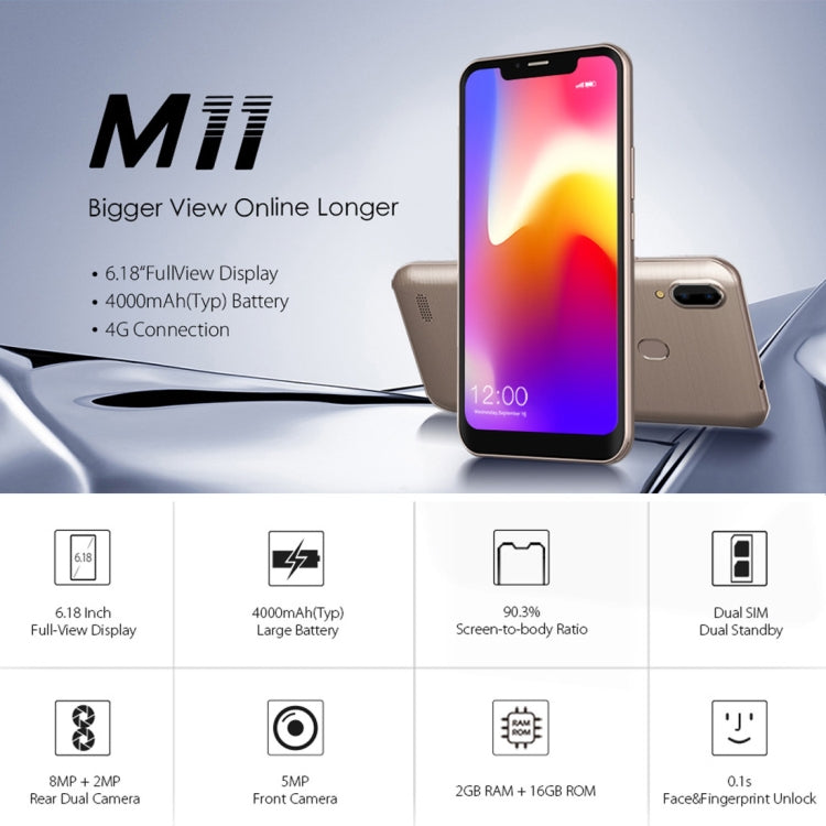 [HK Warehouse] LEAGOO M11, 2GB+16GB, Dual Back Cameras, 4000mAh Battery, Face ID & Fingerprint Identification, 6.18 inch Android 8.1 MTK6739 Quad Core, Network: 4G, Dual SIM
