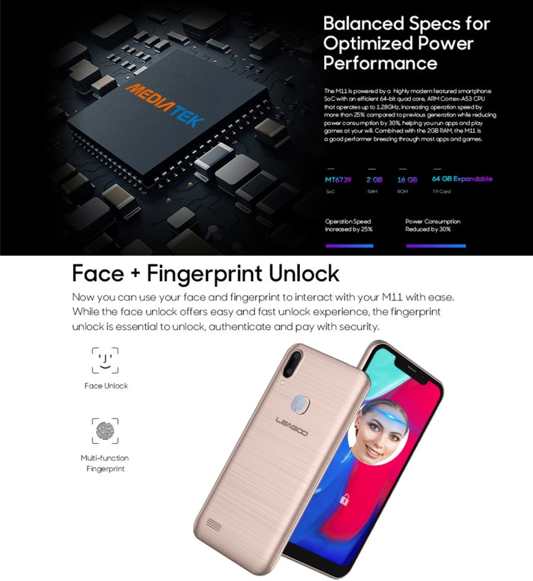 [HK Warehouse] LEAGOO M11, 2GB+16GB, Dual Back Cameras, 4000mAh Battery, Face ID & Fingerprint Identification, 6.18 inch Android 8.1 MTK6739 Quad Core, Network: 4G, Dual SIM