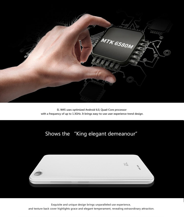 [HK Warehouse] E&L W45, 512MB+4GB, 4.5 inch Android 6.0 MTK6580M Quad Core up to 1.3GHz, Network: 3G, Dual SIM