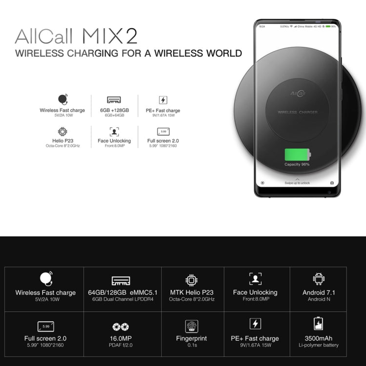 AllCall MIX2, 6GB+128GB, Face & Fingerprint Identification, 5.99 inch Android 8.1 MTK6763 Helio P23 Octa-Core up to 2.0GHz, Network: 4G, OTG, Dual SIM