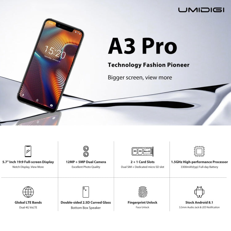 [HK Warehouse] UMIDIGI A3 Pro, Global Dual 4G, 3GB+32GB, Dual Back Cameras, Face ID & Fingerprint Identification, 5.7 inch 2.5D Full Screen Android 8.1 MTK6739 Quad Core up to 1.5GHz, Network: 4G, Dual SIM(Twilight)