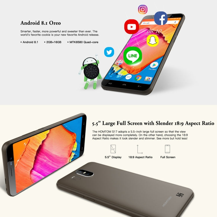[HK Warehouse] HOMTOM S17, 2GB+16GB, Dual Back Cameras, Face ID & Fingerprint Identification, 5.5 inch Android 8.1 MTK6580 Quad Core up to 1.3GHz, Network: 3G, Dual SIM, OTA