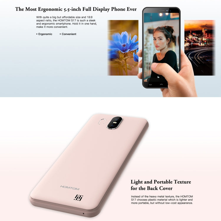 [HK Warehouse] HOMTOM S17, 2GB+16GB, Dual Back Cameras, Face ID & Fingerprint Identification, 5.5 inch Android 8.1 MTK6580 Quad Core up to 1.3GHz, Network: 3G, Dual SIM, OTA