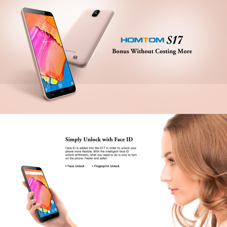 [HK Warehouse] HOMTOM S17, 2GB+16GB, Dual Back Cameras, Face ID & Fingerprint Identification, 5.5 inch Android 8.1 MTK6580 Quad Core up to 1.3GHz, Network: 3G, Dual SIM, OTA