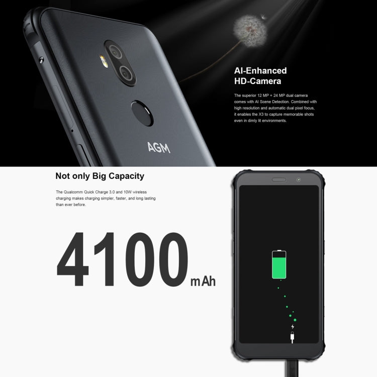 [HK Warehouse] AGM X3 Rugged Phone, 8GB+256GB, IP68 Waterproof Dustproof Shockproof, Face ID & Fingerprint Identification, 4100mAh Battery, 5.99 inch Android 8.1 Qualcomm SDM845 Octa Core, Network: 4G, OTG, NFC, Wireless Charging(Black)