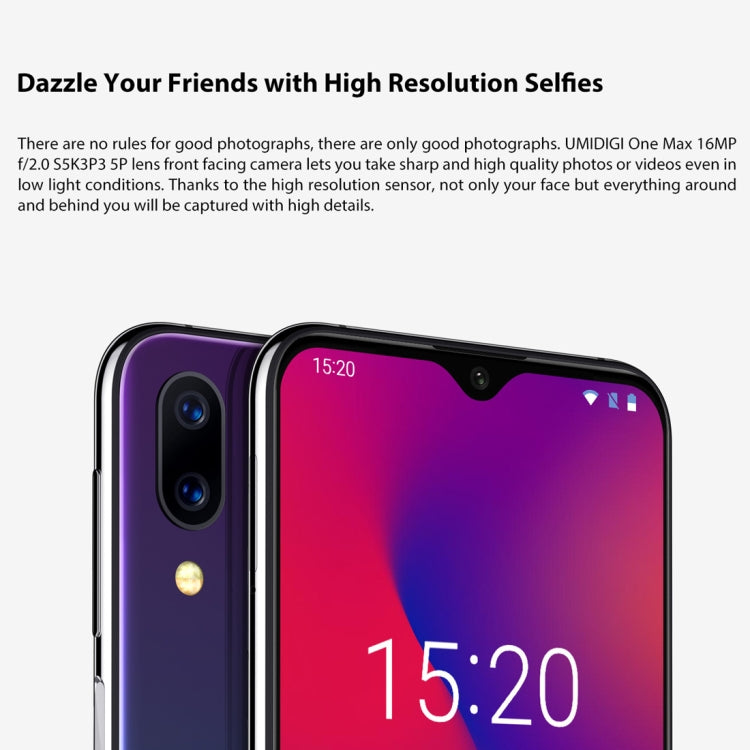 [HK Warehouse] UMIDIGI One Max, 4GB+128GB, Global Band Dual 4G, US Version, Dual Back Cameras, Face ID & Side Fingerprint Identification,  6.3 inch Android 8.1 MTK Helio P23 Octa Core up to 2.0GHz, Network: 4G, NFC, OTG, Dual SIM