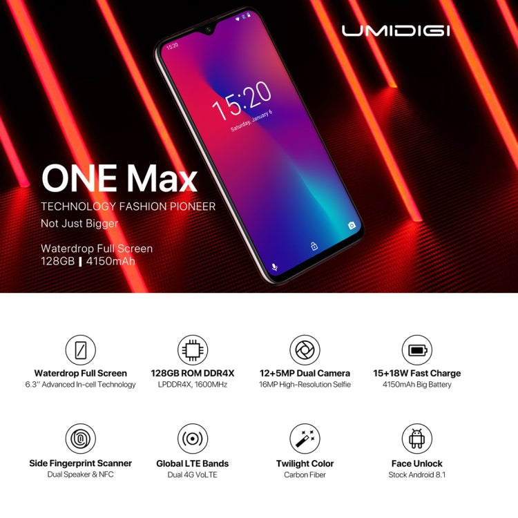 [HK Warehouse] UMIDIGI One Max, 4GB+128GB, Global Band Dual 4G, US Version, Dual Back Cameras, Face ID & Side Fingerprint Identification,  6.3 inch Android 8.1 MTK Helio P23 Octa Core up to 2.0GHz, Network: 4G, NFC, OTG, Dual SIM