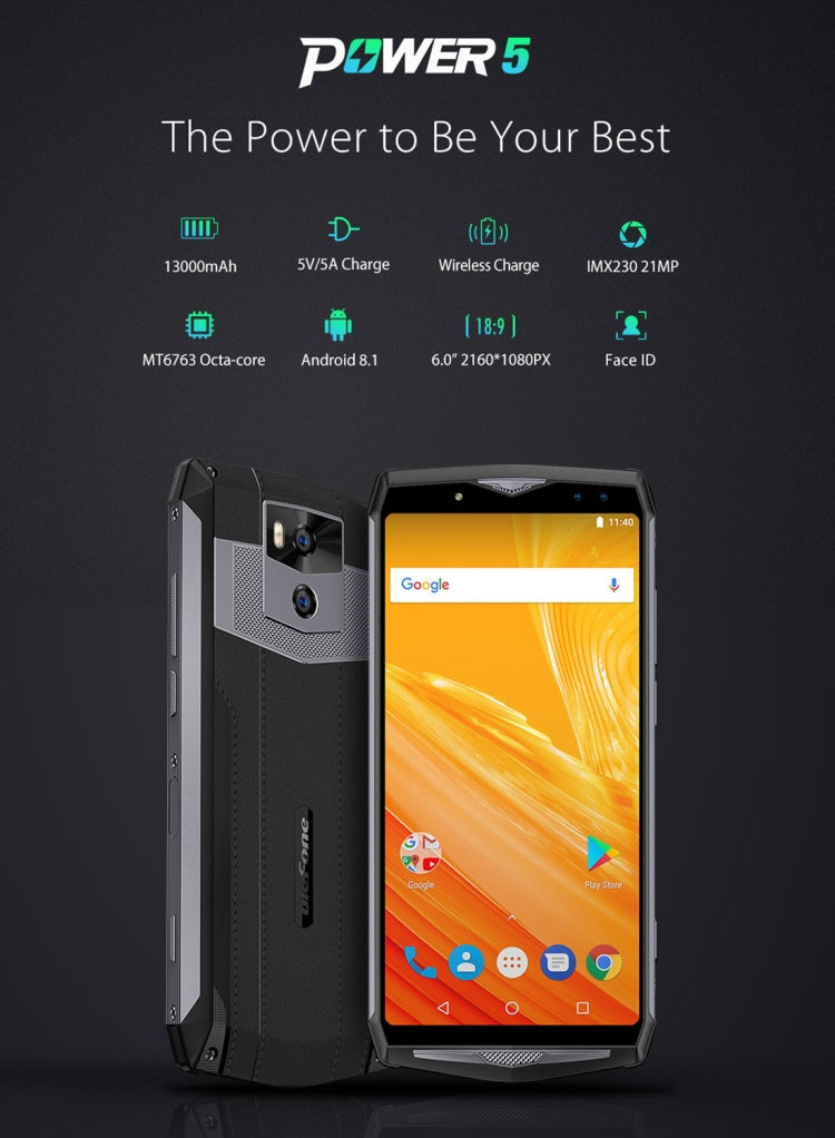 [HK Warehouse] Ulefone Power 5, 6GB+64GB, Dual Back Cameras + Dual Front Cameras, 13000mAh Battery, Face & Fingerprint Identification, 6.0 inch Android 8.1 MTK6763 Octa Core 64-bit up to 2.0GHz, Network: 4G, Wireless Charge, OTG, VoLTE(Dark Gray)