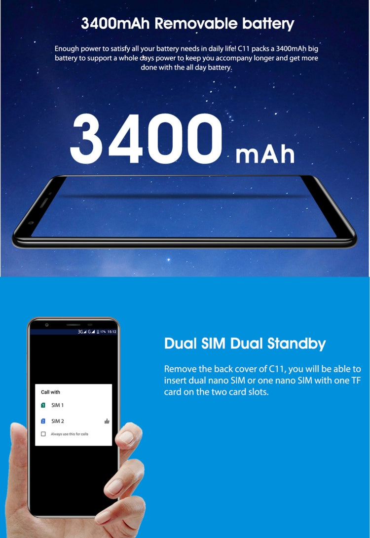 [HK Warehouse] OUKITEL C11, 1GB+8GB, Dual Back Cameras, 5.5 inch Android 8.1 MTK6580A Quad Core, Network: 3G, Dual SIM