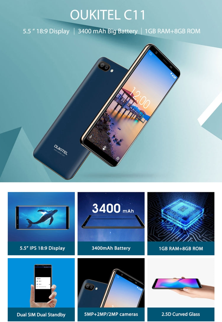 [HK Warehouse] OUKITEL C11, 1GB+8GB, Dual Back Cameras, 5.5 inch Android 8.1 MTK6580A Quad Core, Network: 3G, Dual SIM
