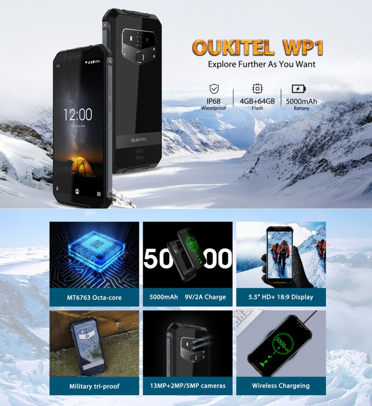 [HK Warehouse] OUKITEL WP1 Rugged Phone, 4GB+64GB, IP68 Waterproof Shockproof Dustproof, Dual Back Cameras, Fingerprint Identification, 5000mAh Battery, 5.5 inch Android 8.1 MTK6763 Octa Core up to 2.0GHz, Network: 4G, OTG, Wireless Charging(Orange)