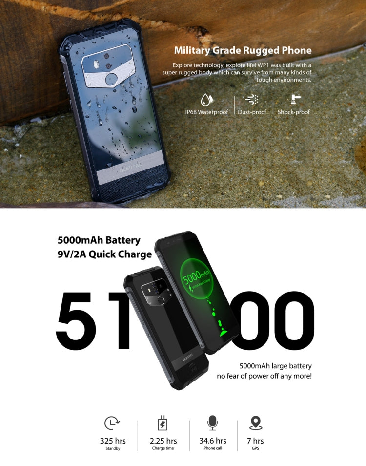 [HK Warehouse] OUKITEL WP1 Rugged Phone, 4GB+64GB, IP68 Waterproof Shockproof Dustproof, Dual Back Cameras, Fingerprint Identification, 5000mAh Battery, 5.5 inch Android 8.1 MTK6763 Octa Core up to 2.0GHz, Network: 4G, OTG, Wireless Charging(Orange)
