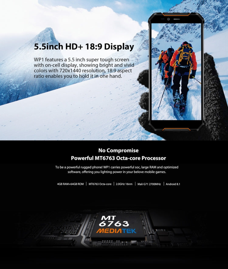 [HK Warehouse] OUKITEL WP1 Rugged Phone, 4GB+64GB, IP68 Waterproof Shockproof Dustproof, Dual Back Cameras, Fingerprint Identification, 5000mAh Battery, 5.5 inch Android 8.1 MTK6763 Octa Core up to 2.0GHz, Network: 4G, OTG, Wireless Charging(Orange)