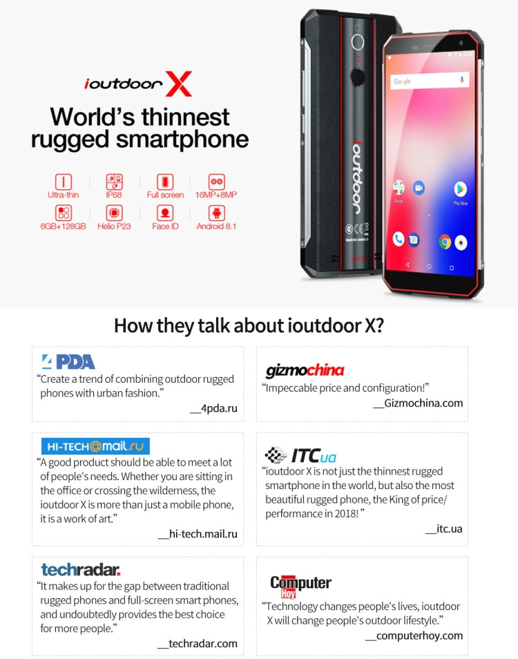 ioutdoor X Rugged Phone, Dual 4G, 6GB+128GB, IP68 Waterproof Shockproof Dustproof, Dual Back Cameras, Face ID & Fingerprint Identification, 5.7 inch Android 8.1 MTK6763 Octa Core up to 2.0GHz, Network: 4G, Dual SIM, NFC, OTG