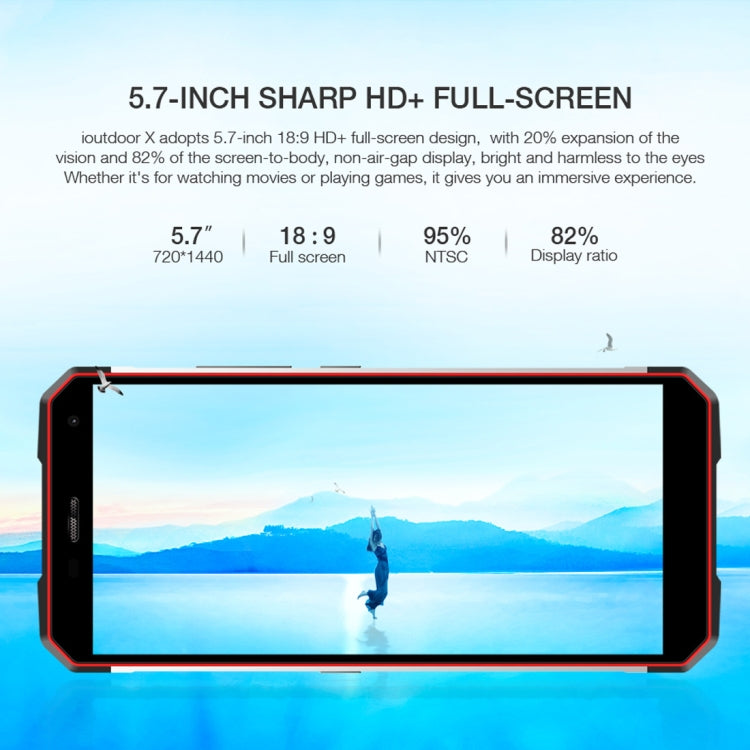 ioutdoor X Rugged Phone, Dual 4G, 6GB+128GB, IP68 Waterproof Shockproof Dustproof, Dual Back Cameras, Face ID & Fingerprint Identification, 5.7 inch Android 8.1 MTK6763 Octa Core up to 2.0GHz, Network: 4G, Dual SIM, NFC, OTG