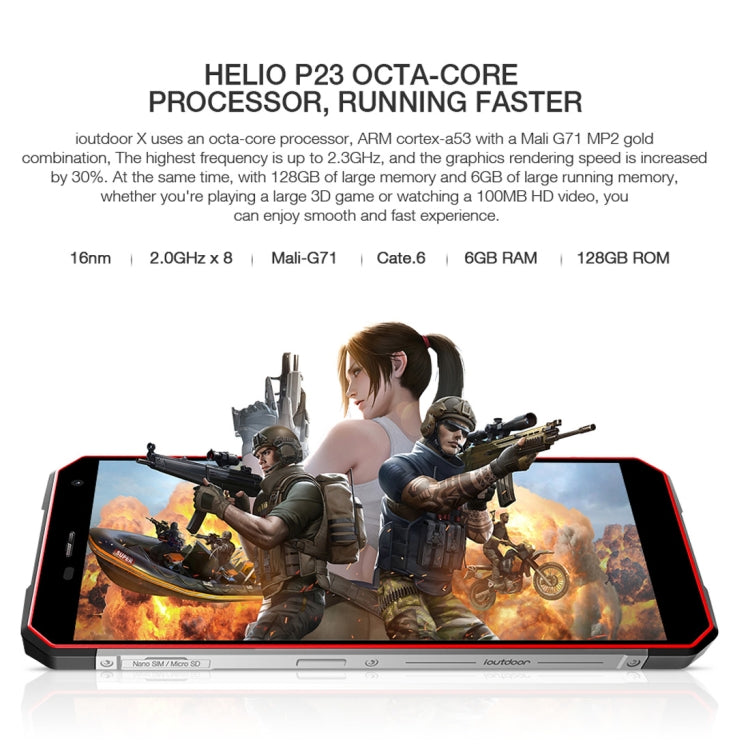 ioutdoor X Rugged Phone, Dual 4G, 6GB+128GB, IP68 Waterproof Shockproof Dustproof, Dual Back Cameras, Face ID & Fingerprint Identification, 5.7 inch Android 8.1 MTK6763 Octa Core up to 2.0GHz, Network: 4G, Dual SIM, NFC, OTG