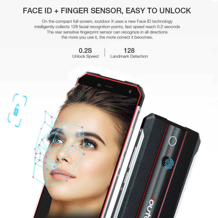 ioutdoor X Rugged Phone, Dual 4G, 6GB+128GB, IP68 Waterproof Shockproof Dustproof, Dual Back Cameras, Face ID & Fingerprint Identification, 5.7 inch Android 8.1 MTK6763 Octa Core up to 2.0GHz, Network: 4G, Dual SIM, NFC, OTG