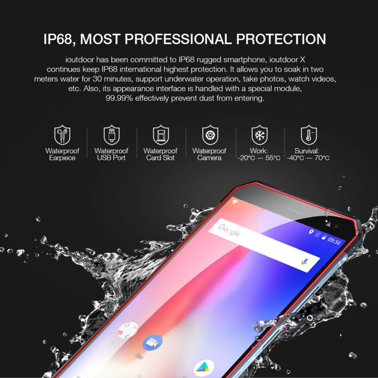 ioutdoor X Rugged Phone, Dual 4G, 6GB+128GB, IP68 Waterproof Shockproof Dustproof, Dual Back Cameras, Face ID & Fingerprint Identification, 5.7 inch Android 8.1 MTK6763 Octa Core up to 2.0GHz, Network: 4G, Dual SIM, NFC, OTG