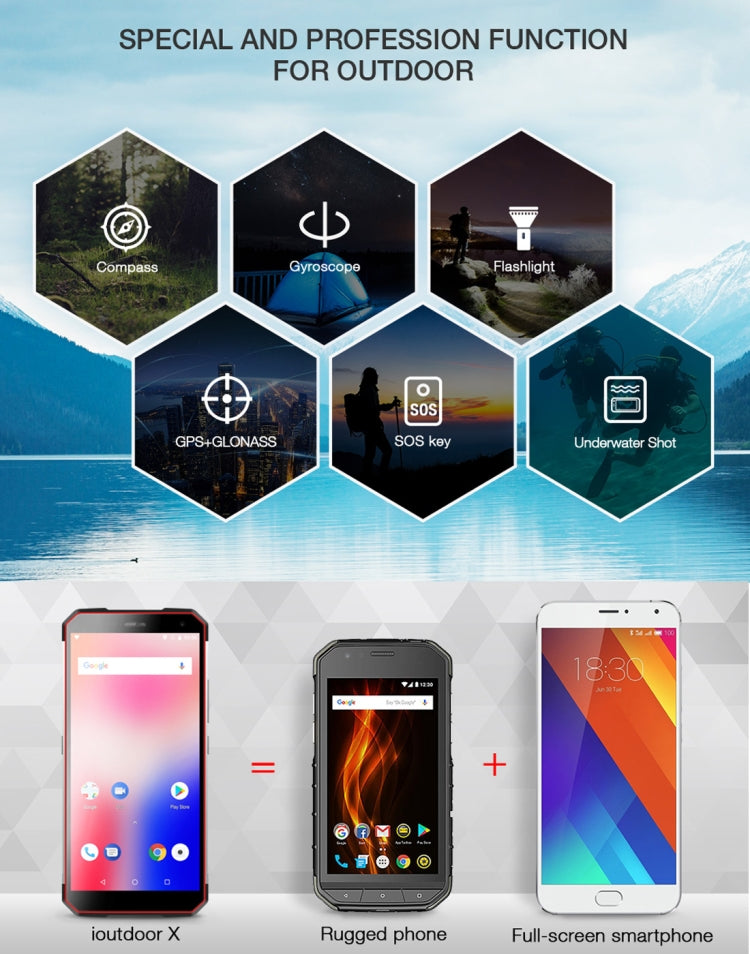 ioutdoor X Rugged Phone, Dual 4G, 6GB+128GB, IP68 Waterproof Shockproof Dustproof, Dual Back Cameras, Face ID & Fingerprint Identification, 5.7 inch Android 8.1 MTK6763 Octa Core up to 2.0GHz, Network: 4G, Dual SIM, NFC, OTG
