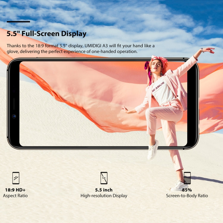 UMIDIGI A3, Dual 4G, 2GB+16GB, Dual Back Cameras, Face ID & Fingerprint Identification, 5.5 inch 2.5D Full Screen Android 8.1 MTK6739 Quad Core up to 1.5GHz, Network: 4G, Dual SIM