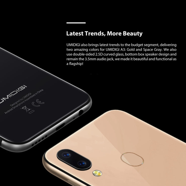 UMIDIGI A3, Dual 4G, 2GB+16GB, Dual Back Cameras, Face ID & Fingerprint Identification, 5.5 inch 2.5D Full Screen Android 8.1 MTK6739 Quad Core up to 1.5GHz, Network: 4G, Dual SIM
