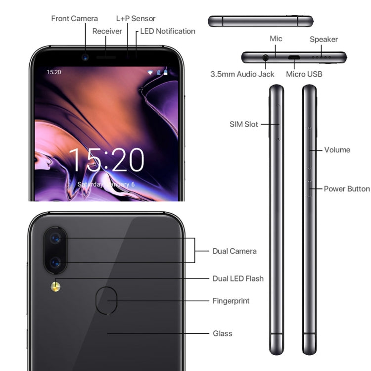 UMIDIGI A3, Dual 4G, 2GB+16GB, Dual Back Cameras, Face ID & Fingerprint Identification, 5.5 inch 2.5D Full Screen Android 8.1 MTK6739 Quad Core up to 1.5GHz, Network: 4G, Dual SIM