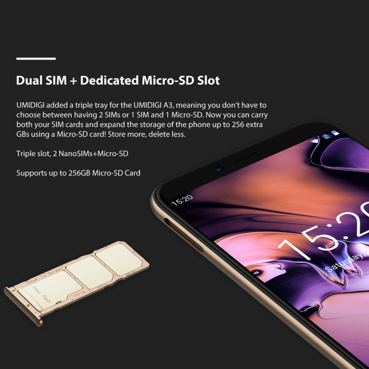 UMIDIGI A3, Dual 4G, 2GB+16GB, Dual Back Cameras, Face ID & Fingerprint Identification, 5.5 inch 2.5D Full Screen Android 8.1 MTK6739 Quad Core up to 1.5GHz, Network: 4G, Dual SIM