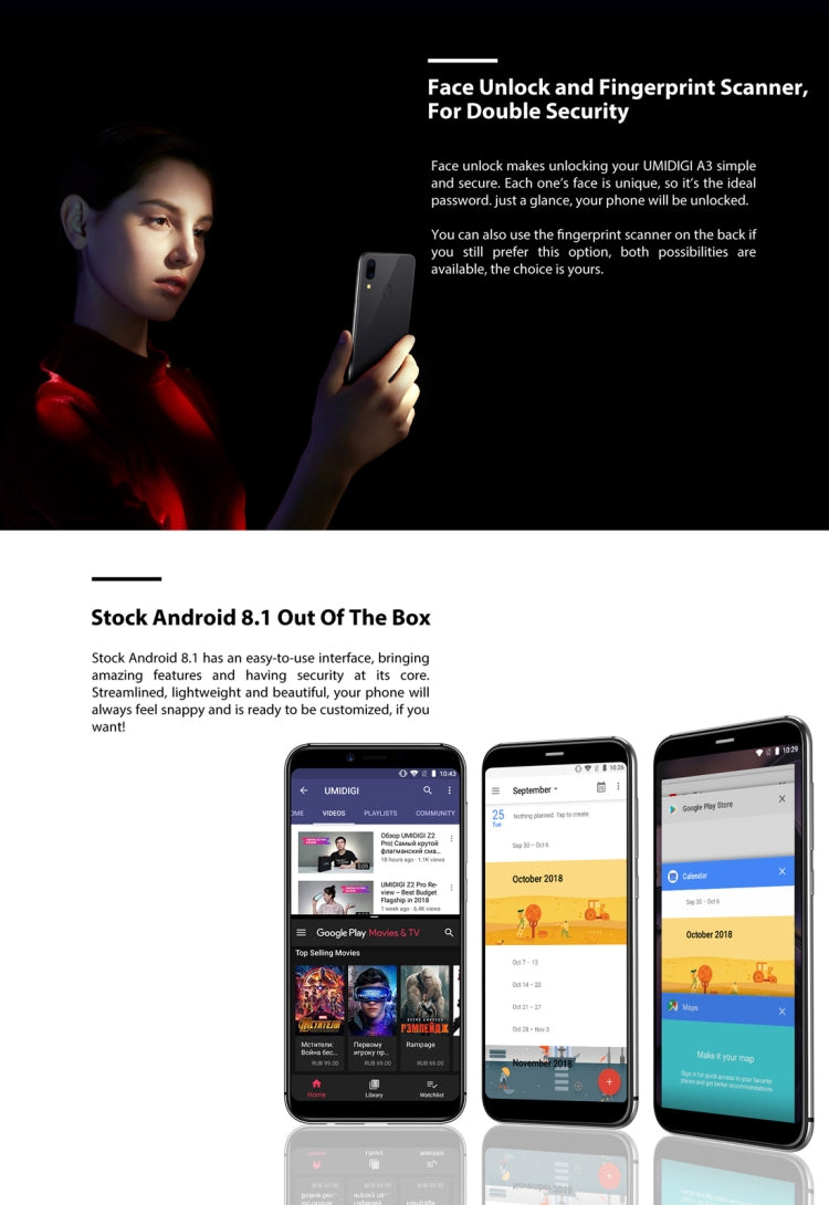 UMIDIGI A3, Dual 4G, 2GB+16GB, Dual Back Cameras, Face ID & Fingerprint Identification, 5.5 inch 2.5D Full Screen Android 8.1 MTK6739 Quad Core up to 1.5GHz, Network: 4G, Dual SIM
