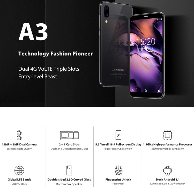 UMIDIGI A3, Dual 4G, 2GB+16GB, Dual Back Cameras, Face ID & Fingerprint Identification, 5.5 inch 2.5D Full Screen Android 8.1 MTK6739 Quad Core up to 1.5GHz, Network: 4G, Dual SIM