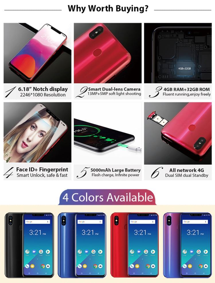 Meiigoo S9, 4GB+32GB, Dual Back Cameras, Face & Fingerprint Identification, 6.18 inch Notch Screen Android 8.1 MTK6750 Octa Core up to 1.5GHz, Network: 4G