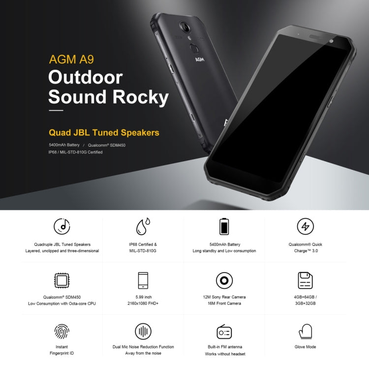 AGM A9 Rugged Phone, 3GB+32GB, IP68 Waterproof Dustproof Shockproof, Fingerprint Identification, 5400mAh Battery, 5.99 inch Android 8.1 Qualcomm SDM450 Octa Core, Network: 4G, OTG, NFC (Black)