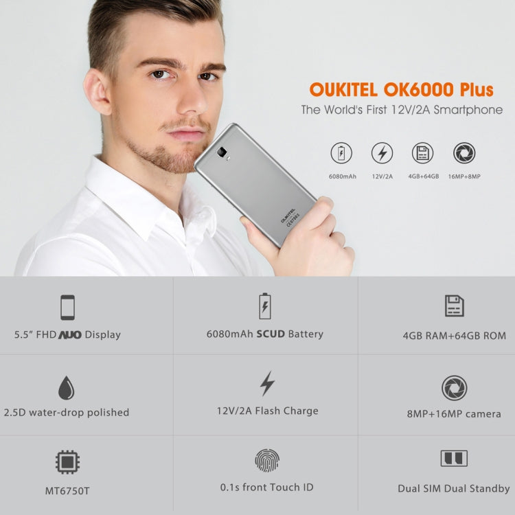 [HK Warehouse] OUKITEL K6000 Plus, 4GB+64GB, South American Version, Fingerprint Identification, 6080mAh Battery, 5.5 inch Android 7.0 MTK6750T Octa Core up to 1.5GHz, Network: 4G, Dual SIM, OTG(Grey)
