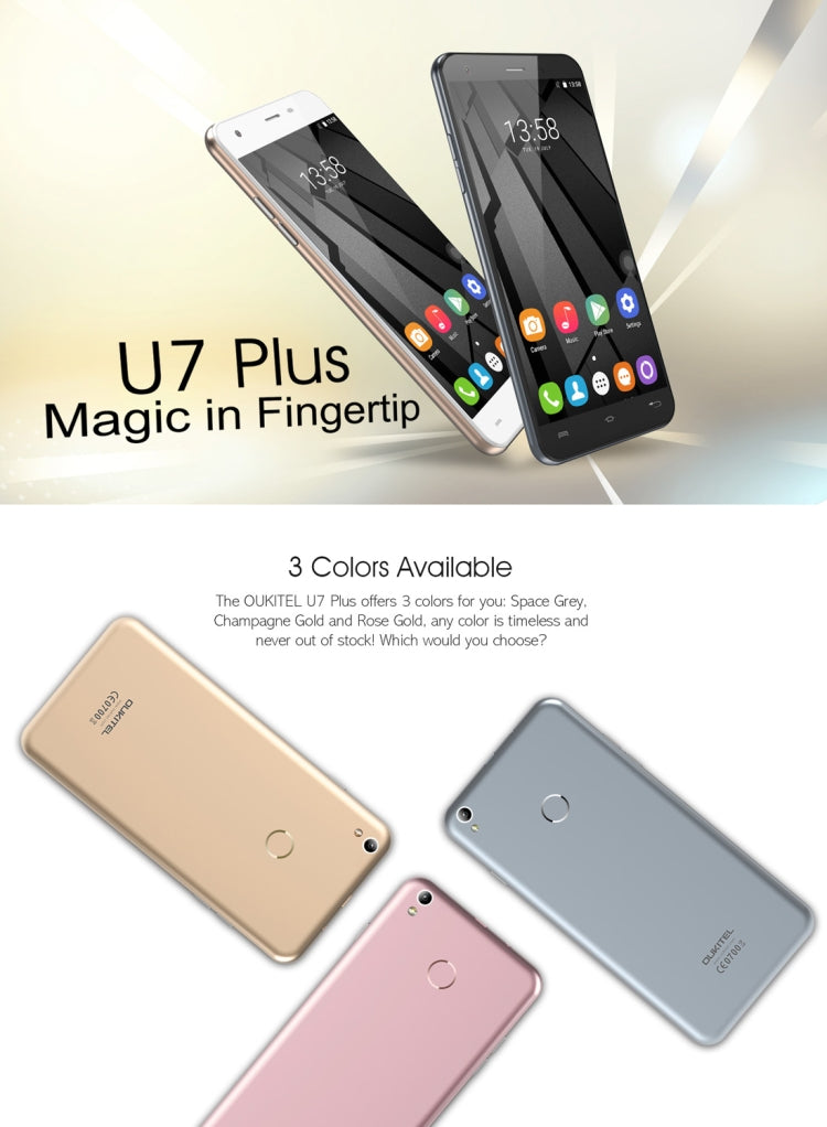 [HK Warehouse] OUKITEL U7 Plus, 2GB+16GB, South American Version, 5.5 inch Android 6.0 MTK6737 Quad Core up to 1.3GHz, Network: 4G, Dual SIM(Rose Gold)