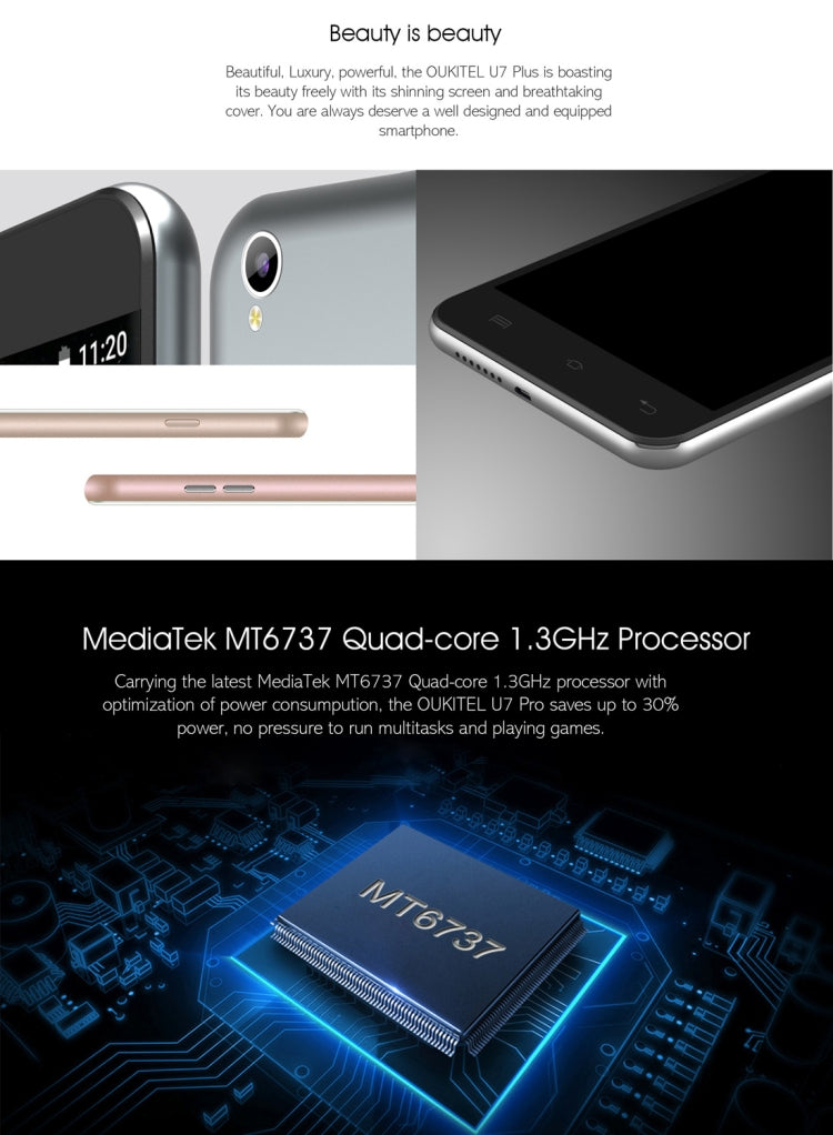 [HK Warehouse] OUKITEL U7 Plus, 2GB+16GB, South American Version, 5.5 inch Android 6.0 MTK6737 Quad Core up to 1.3GHz, Network: 4G, Dual SIM(Rose Gold)