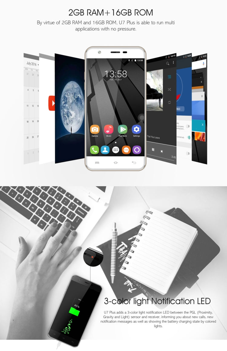 [HK Warehouse] OUKITEL U7 Plus, 2GB+16GB, South American Version, 5.5 inch Android 6.0 MTK6737 Quad Core up to 1.3GHz, Network: 4G, Dual SIM(Rose Gold)