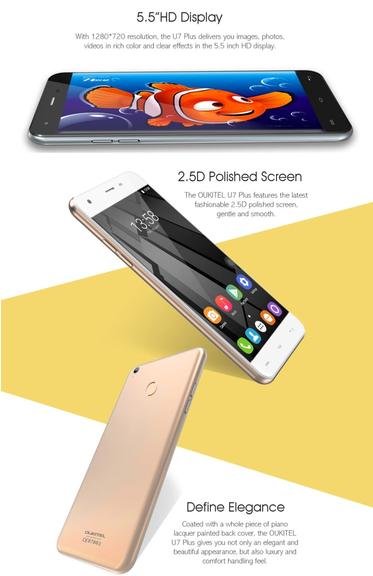 [HK Warehouse] OUKITEL U7 Plus, 2GB+16GB, South American Version, 5.5 inch Android 6.0 MTK6737 Quad Core up to 1.3GHz, Network: 4G, Dual SIM(Rose Gold)