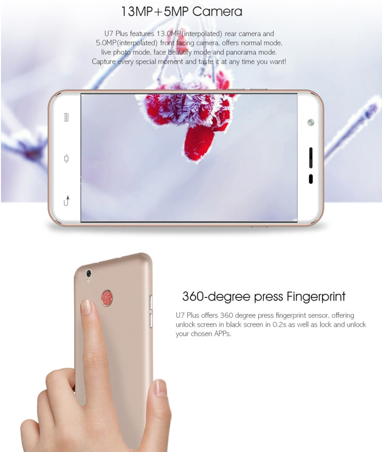 [HK Warehouse] OUKITEL U7 Plus, 2GB+16GB, South American Version, 5.5 inch Android 6.0 MTK6737 Quad Core up to 1.3GHz, Network: 4G, Dual SIM(Rose Gold)
