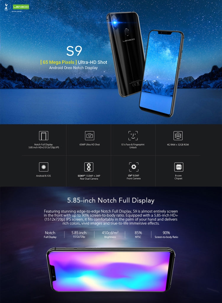 [HK Warehouse] LEAGOO S9, 4GB+32GB, Dual Back Cameras, Face & Fingerprint Identification, 5.85 inch Android 8.1 MTK6750 Octa Core up to 1.5GHz, Network: Dual 4G, OTG, VoLTE, Dual SIM(Gold)