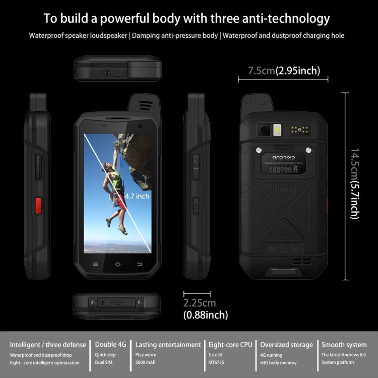 B6000 Triple Proofing Phone, 4GB+64GB, IP68 Waterproof Dustproof Shockproof,  5000mAh Battery, 5.0 inch Android 6.0 MTK6755 Octa Core, Network: 4G, Dual SIM, NFC