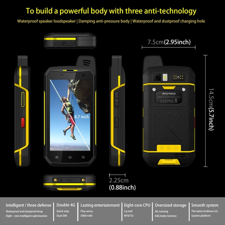B6000 Triple Proofing Phone, 4GB+64GB, IP68 Waterproof Dustproof Shockproof,  5000mAh Battery, 5.0 inch Android 6.0 MTK6755 Octa Core, Network: 4G, Dual SIM, NFC