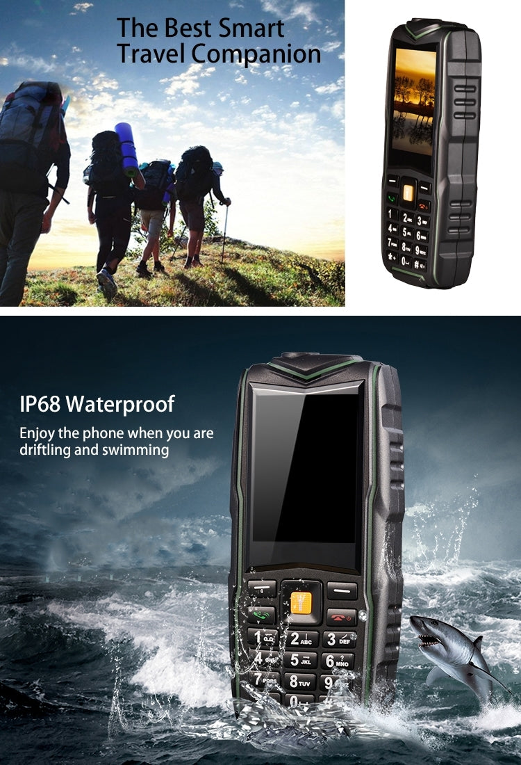 F8 Triple Proofing Phone, Dual SIM, IP68 Waterproof Shockproof Dustproof, 2.4 inch, SC6531CA Chipset, 21 Keys, LED Flashlight, FM, TF, Bluetooth(Green)