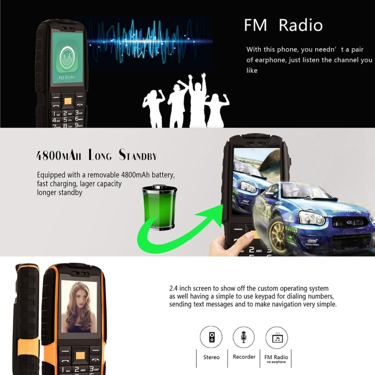 DTNO.1 A9 Triple Proofing Phone, 4800mAh Battery, IP67 Waterproof Shockproof Dustproof,  2.4 inch, MTK6261 Chipset, 21 Keys, LED Flashlight, FM, Dual SIM