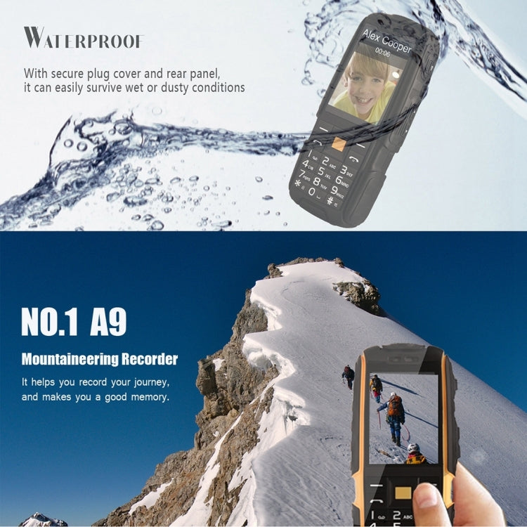 DTNO.1 A9 Triple Proofing Phone, 4800mAh Battery, IP67 Waterproof Shockproof Dustproof,  2.4 inch, MTK6261 Chipset, 21 Keys, LED Flashlight, FM, Dual SIM