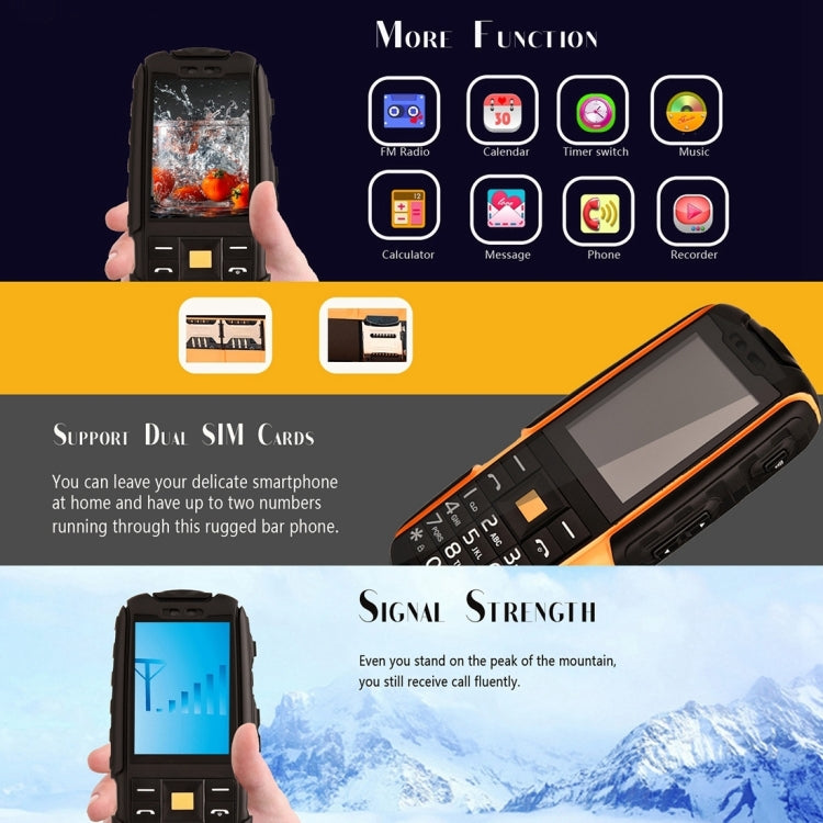 DTNO.1 A9 Triple Proofing Phone, 4800mAh Battery, IP67 Waterproof Shockproof Dustproof,  2.4 inch, MTK6261 Chipset, 21 Keys, LED Flashlight, FM, Dual SIM