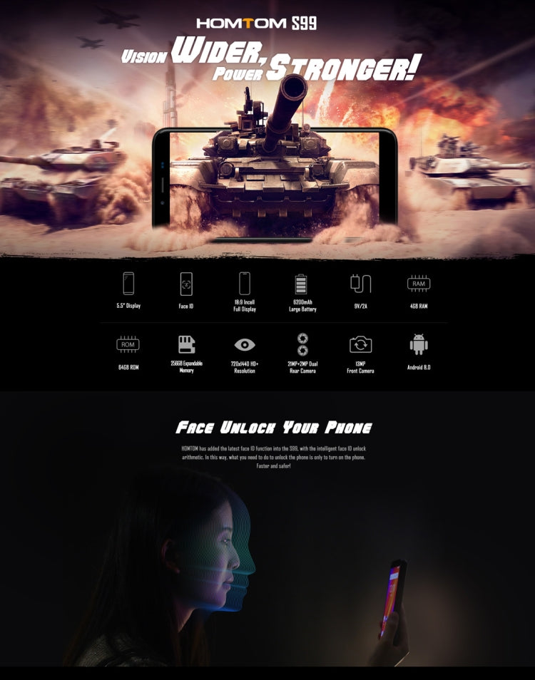 [HK Warehouse] HOMTOM S99, 4GB+64GB, Dual Back Cameras, Face ID & Fingerprint Identification, 6200mAh Battery, 5.5 inch Android 8.0 MTK6750 Octa Core up to 1.5GHz, Network: 4G, Dual SIM, OTG, OTA